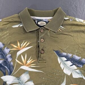 Tommy Bahama Polo Shirt Green Mens L Floral Hawaiian 100% Cotton All Over Print
